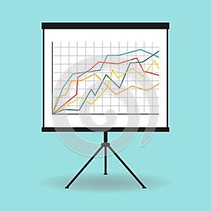 Flipchart, whiteboard or projection screen with marketing data. Flat design. Vector illustration